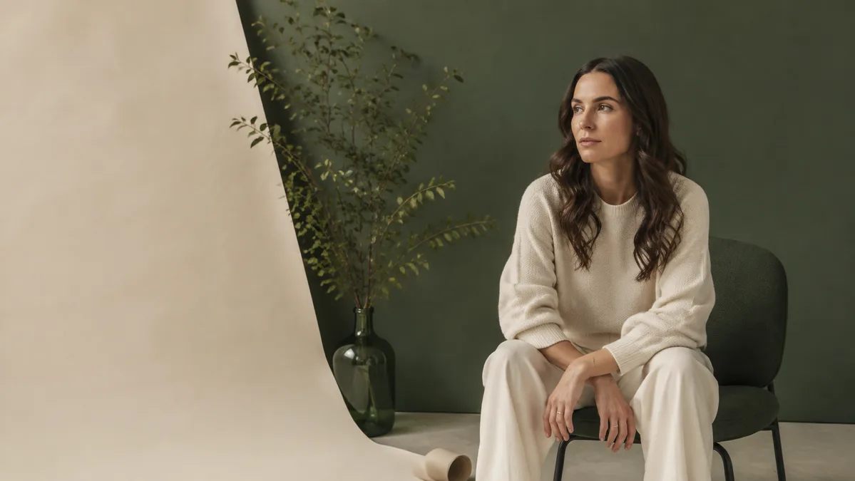 Woman in a cream outfit beside forest green and paper backdrops.