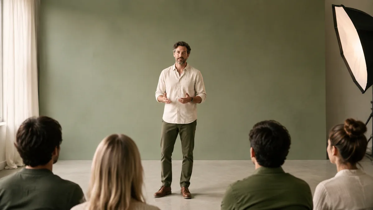 Presenter separated from a sage backdrop in a softly lit studio.