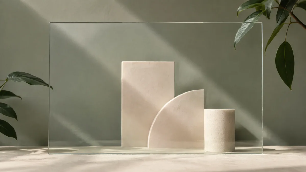 Transparent glass revealing a sage and cream scene behind it.