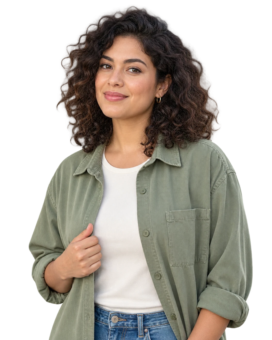 AI-generated woman in a sage green overshirt, isolated with a transparent background.